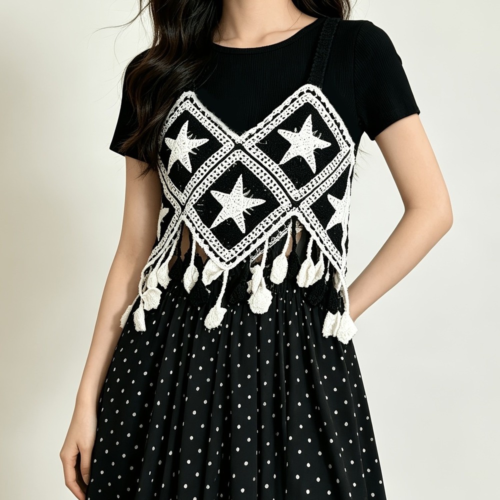 Unbranded Boho‎ Crochet Star Pattern Cropped Tank Top with Tassels Black NEW S